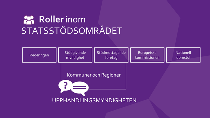 Roller inom statsst&ouml;dsomr&aring;det: regeringen, st&ouml;dgivande myndighet, st&ouml;dmottagande f&ouml;retag, Europeiska kommissionen, nationell domstol. Upphandlingsmyndigheten tar fram st&ouml;d f&ouml;r kommuner och regioner.